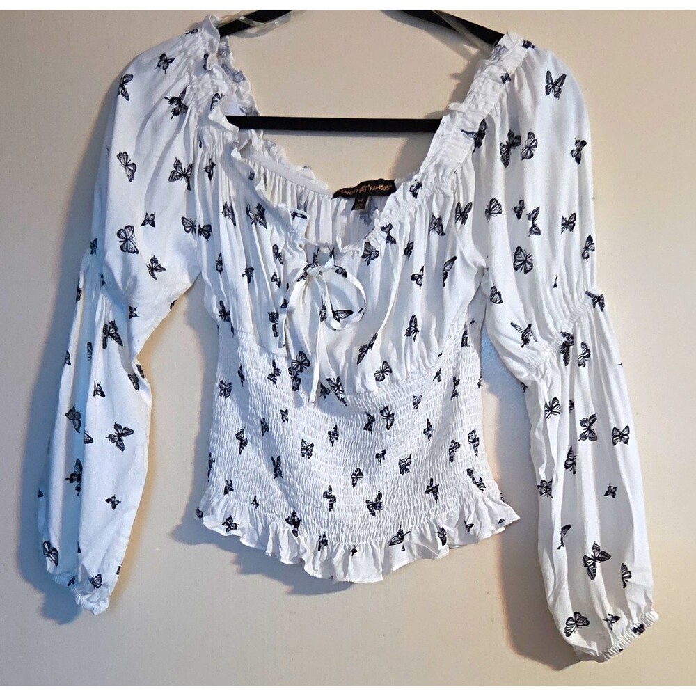 Almost Famous White/Black Butterfly Smocked Ruffle Woven Rayon Blouse, M